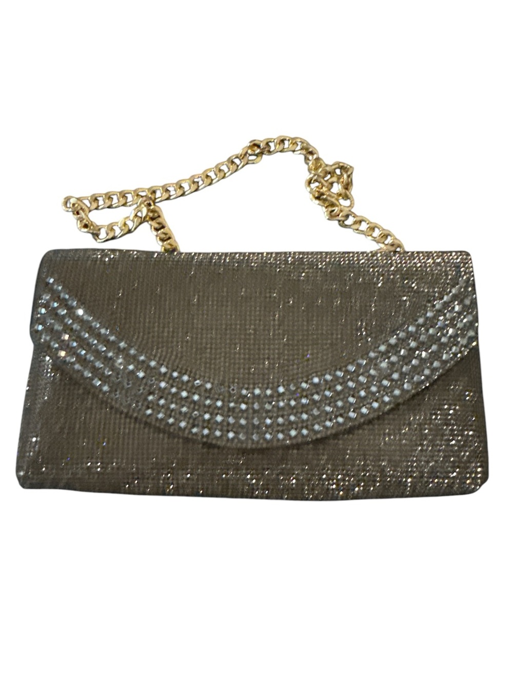 Gold Crystal-Embellished Evening Clutch with Chain Strap